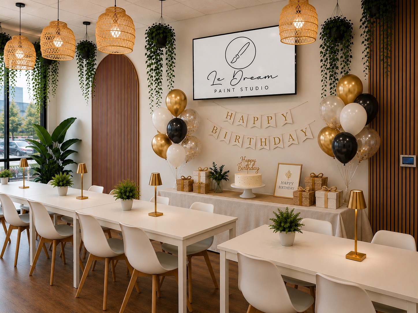 Birthday party celebration at Le Dream Paint Studio in Garden Grove, California with cake, gifts, balloons and pottery painting tables