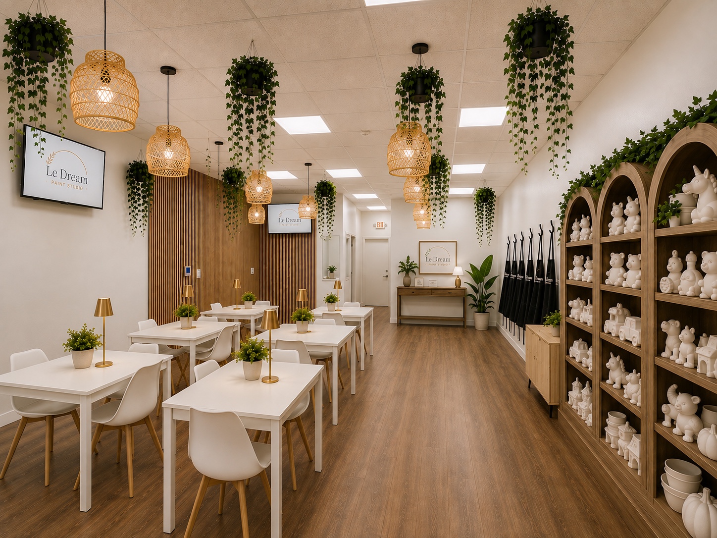 Le Dream Paint Studio interior with ceramic shelves, tables, greenery and warm pendant lights