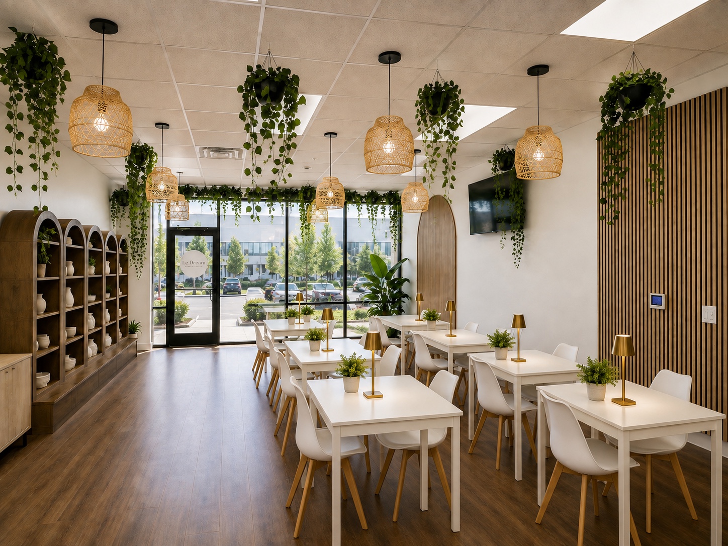 Le Dream Paint Studio interior with white tables, greenery and warm pendant lights